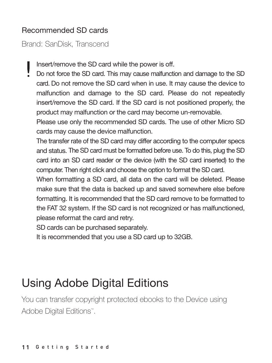 Recommended sd cards, Using adobe digital editions | iRiver Story HD User Manual | Page 11 / 40