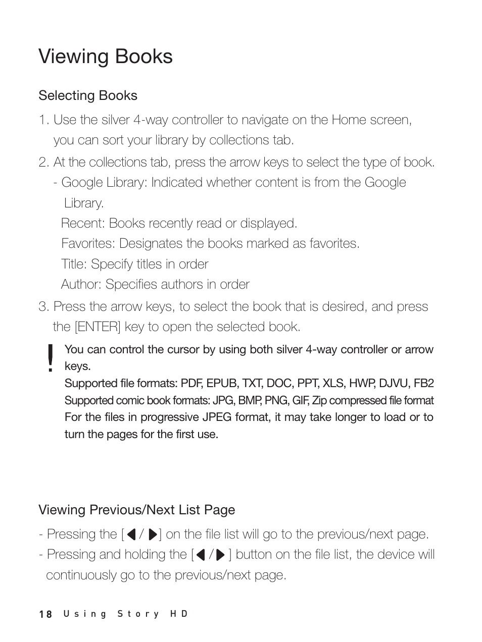 Viewing books, Selecting books | iRiver Story HD User Manual | Page 18 / 40