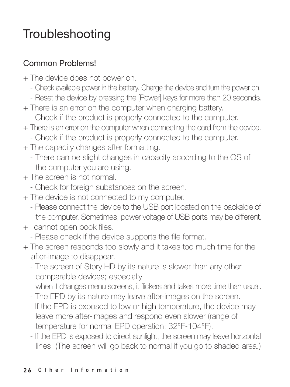 Troubleshooting, Common problems | iRiver Story HD User Manual | Page 26 / 40