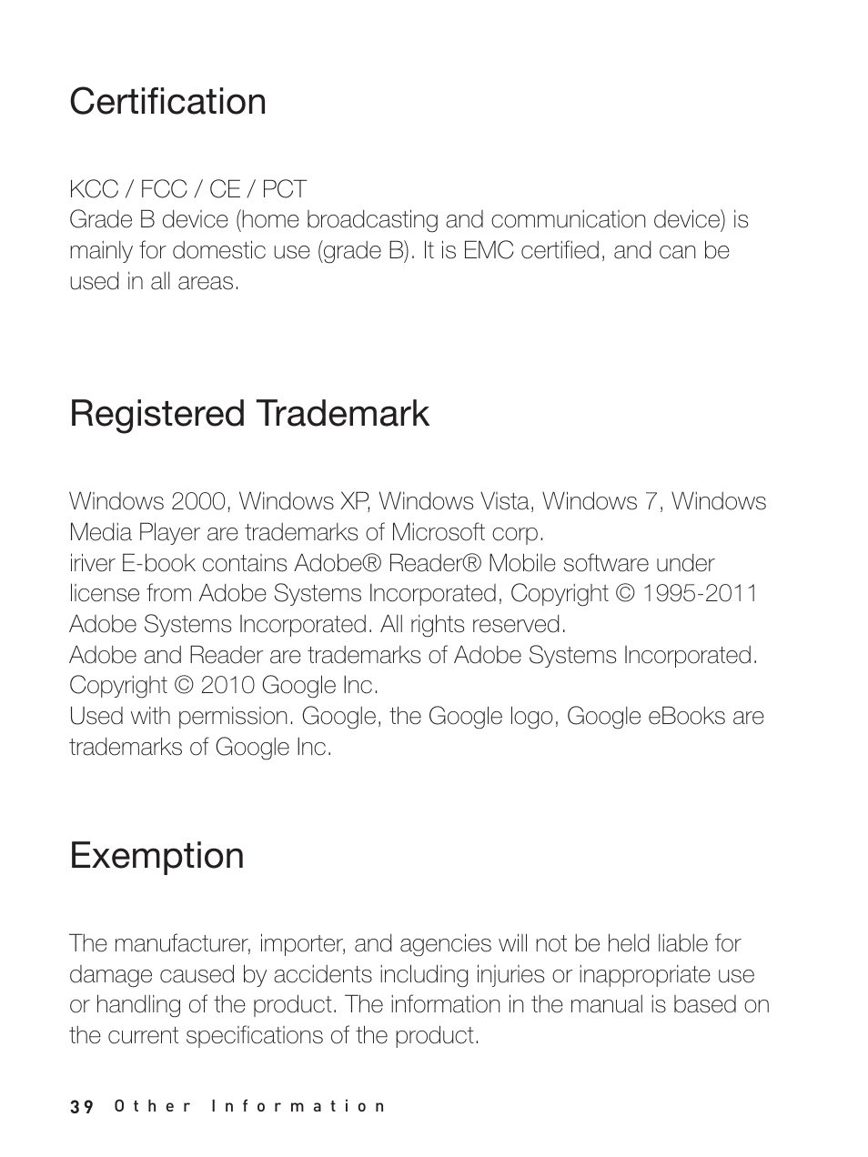 Certification, Registered trademark, Exemption | Certification registered trademark exemption | iRiver Story HD User Manual | Page 39 / 40