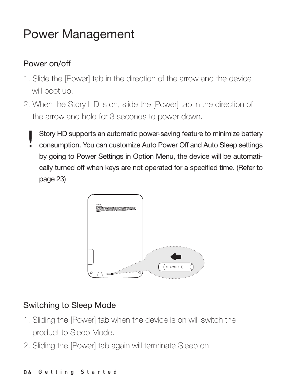Power management, Power on/off, Switching to sleep mode | iRiver Story HD User Manual | Page 6 / 40