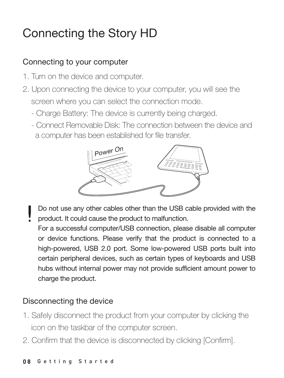 Connecting the story hd, Connecting to your computer, Disconnecting the device | iRiver Story HD User Manual | Page 8 / 40