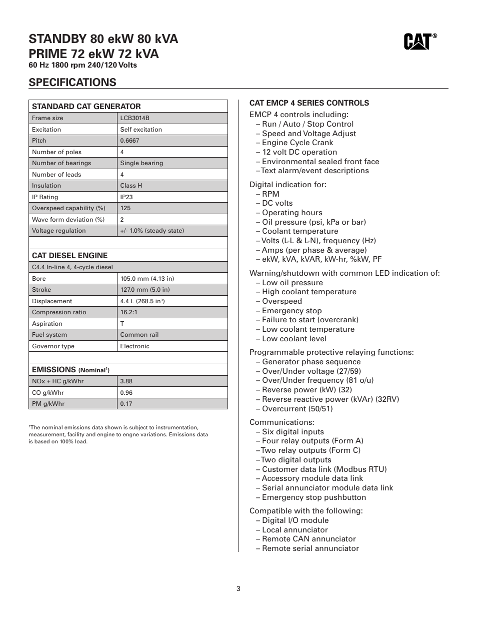 Specifications | Milton CAT D80-6S 80 kW Spec Sheet User Manual | Page 3 / 6