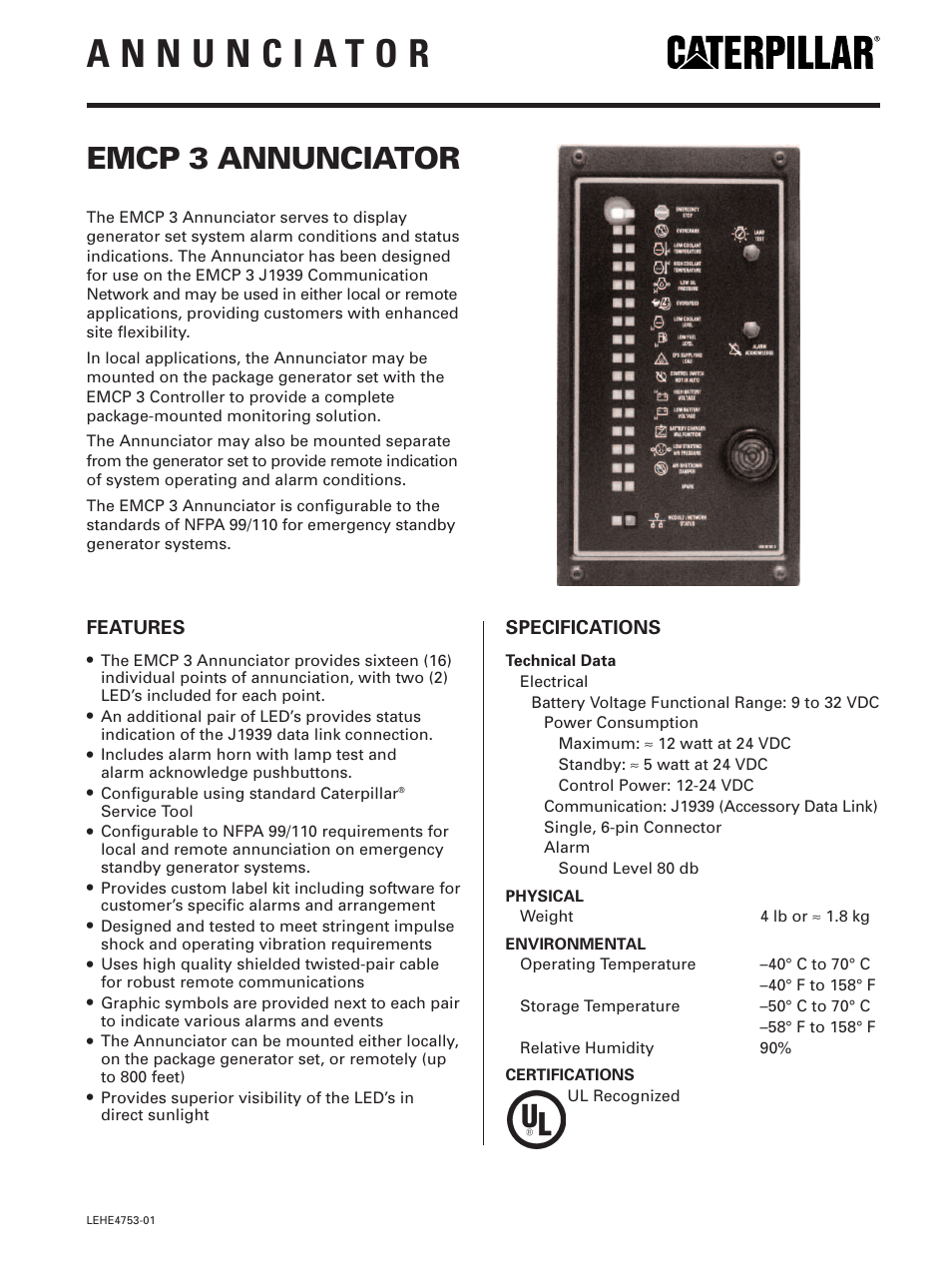 Milton CAT D175-2 175 kW Annunciator Specifications User Manual | 2 pages
