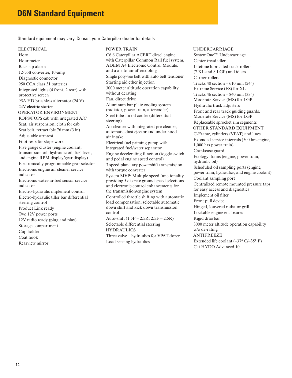 D6n standard equipment | Milton CAT D6N User Manual | Page 14 / 16