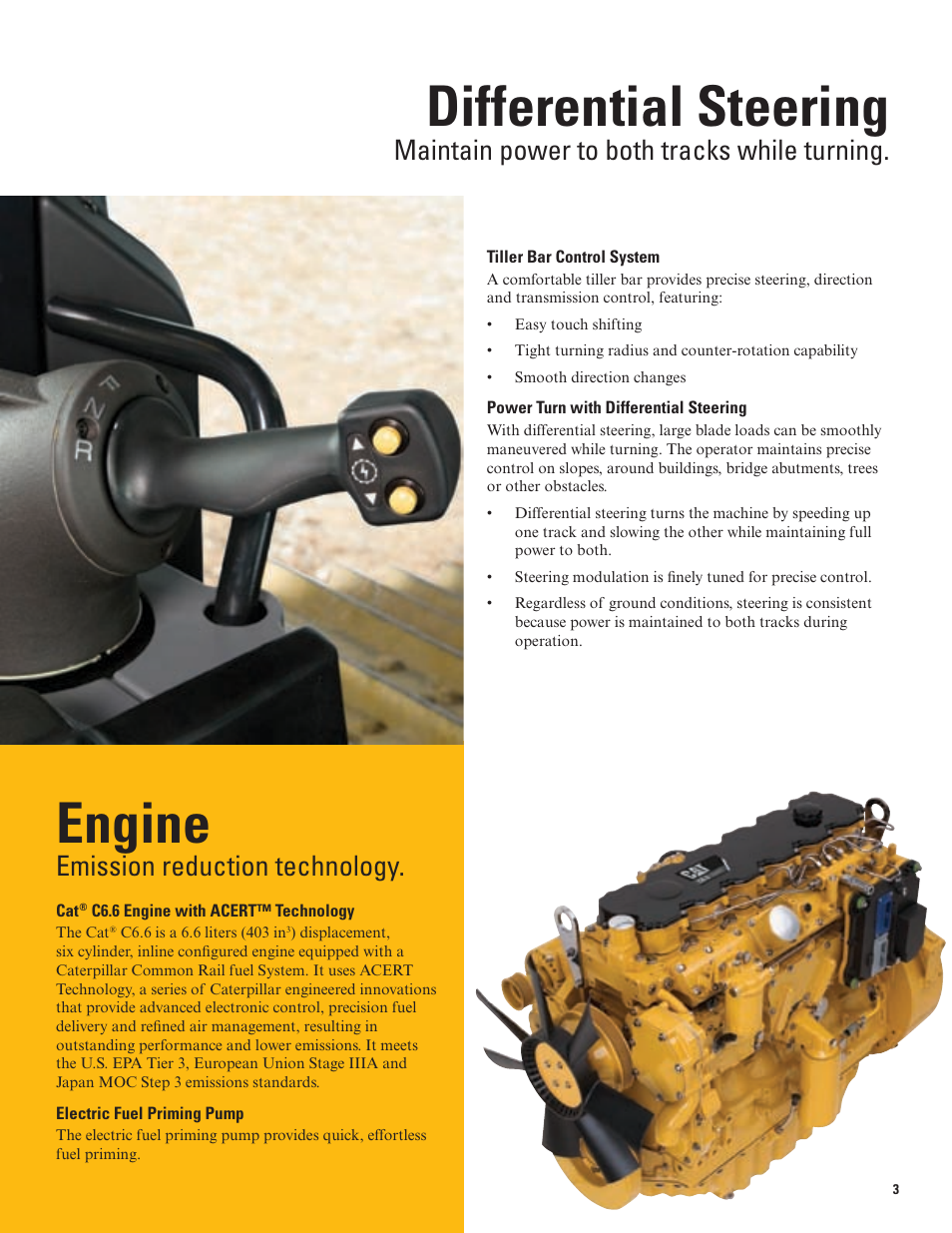 Differential steering, Engine, Maintain power to both tracks while turning | Emission reduction technology | Milton CAT D6N User Manual | Page 3 / 16