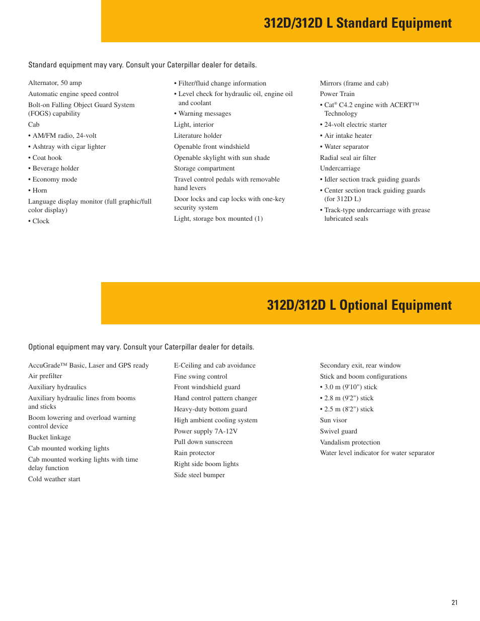 Standard equipment, Optional equipment | Milton CAT 312D L User Manual | Page 21 / 24