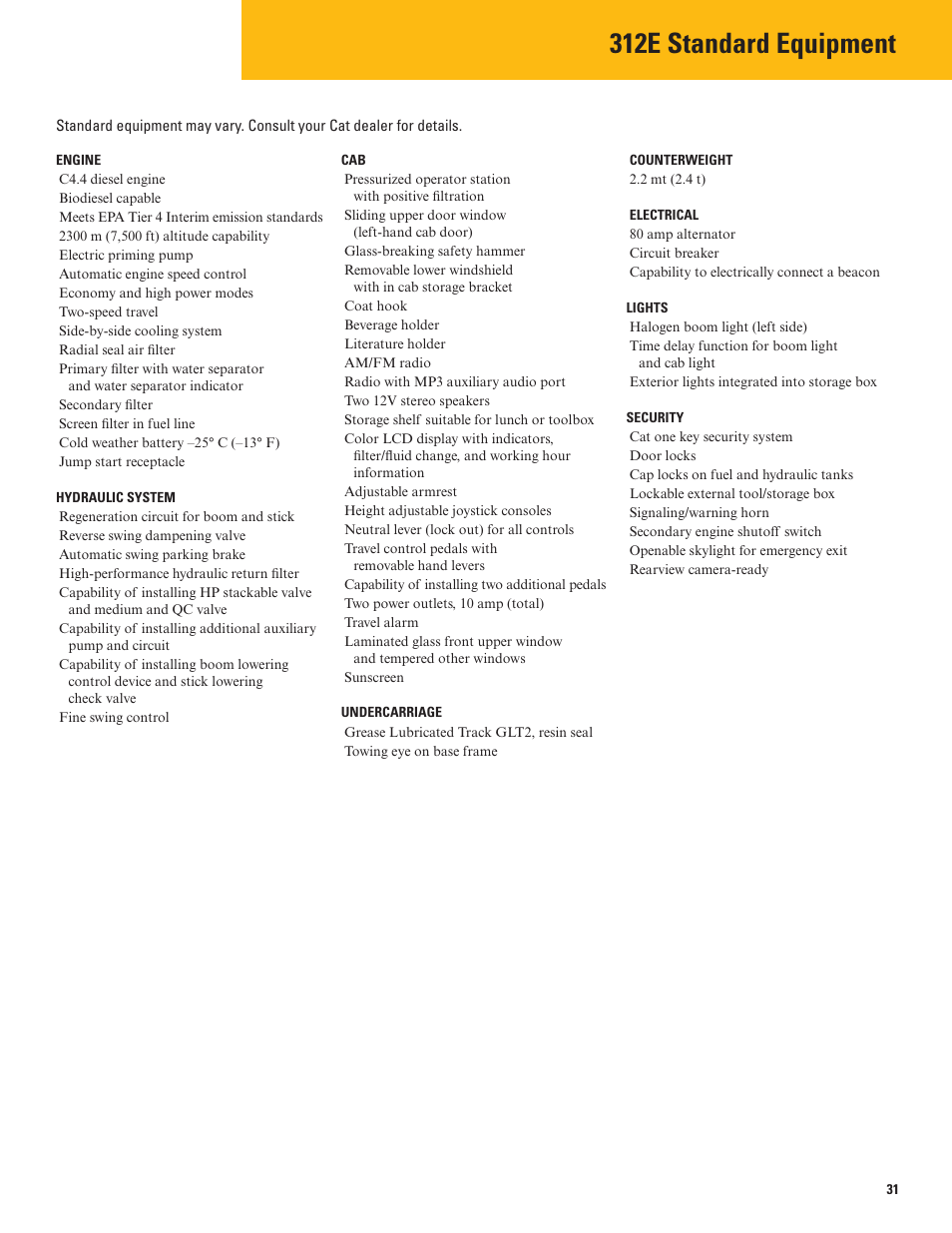 Standard equipment, 312e standard equipment | Milton CAT 312E User Manual | Page 31 / 36