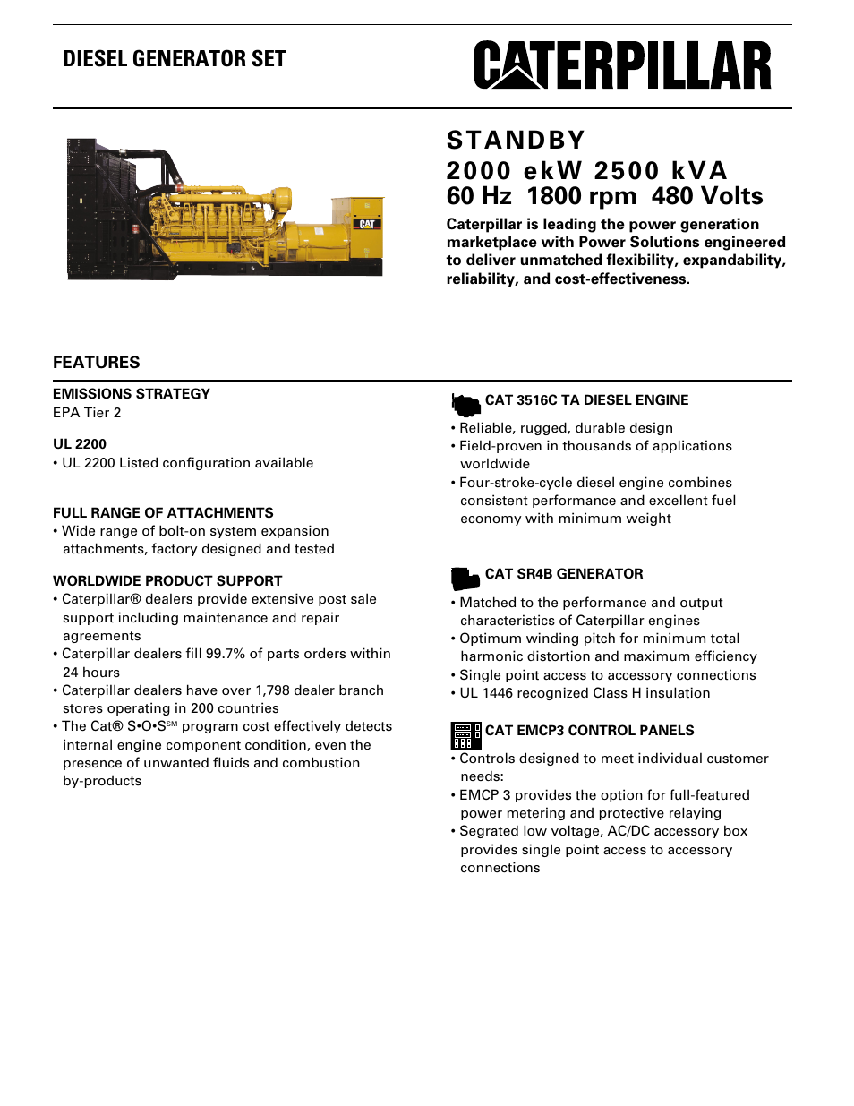 Milton CAT 3516C HD 2500 kW 3125 kVA 60 Hz 1800 rpm 480 Volts Spec Sheet User Manual | 6 pages