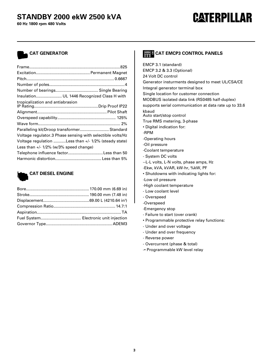 Specifications | Milton CAT 3516C HD 2500 kW 3125 kVA 60 Hz 1800 rpm 480 Volts Spec Sheet User Manual | Page 3 / 6