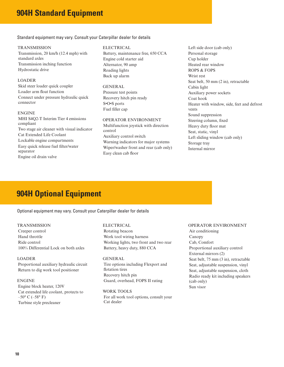 904h standard equipment, 904h optional equipment | Milton CAT 904H User Manual | Page 10 / 12