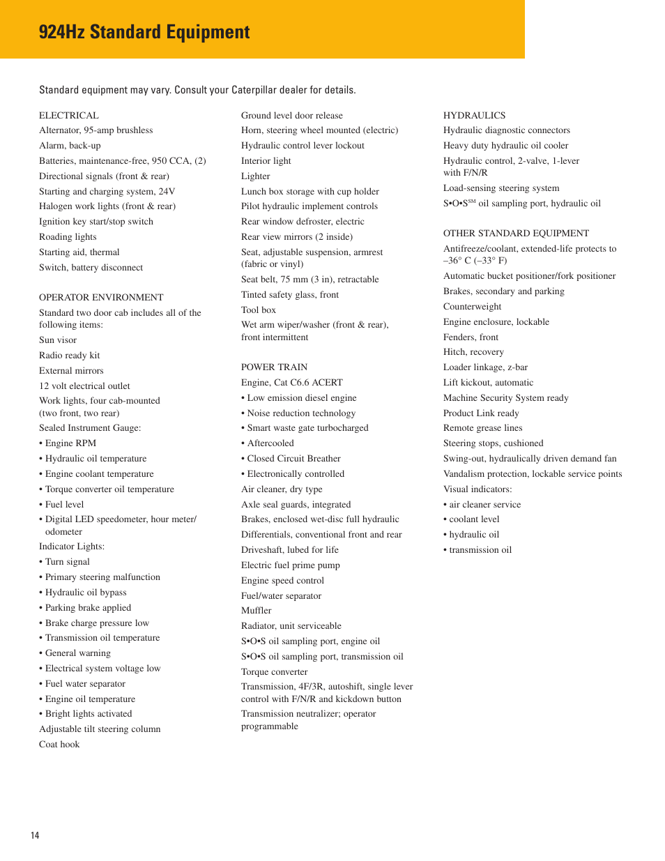 Standard equipment, 924hz standard equipment | Milton CAT 924Hz User Manual | Page 14 / 16