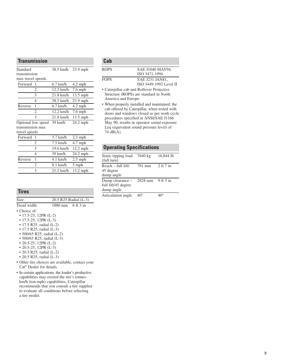 Transmission, Tires, Operating specifications | Milton CAT 924Hz User Manual | Page 9 / 16