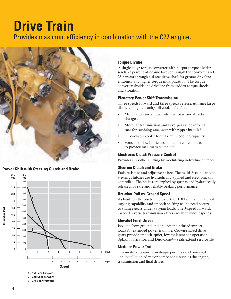 Drive train, Power shift with steering clutch and brake, Torque divider | Planetary power shift transmission, Electronic clutch pressure control, Steering clutch and brake, Drawbar pull vs. ground speed, Elevated final drives, Modular power train | Milton CAT D10T User Manual | Page 6 / 20