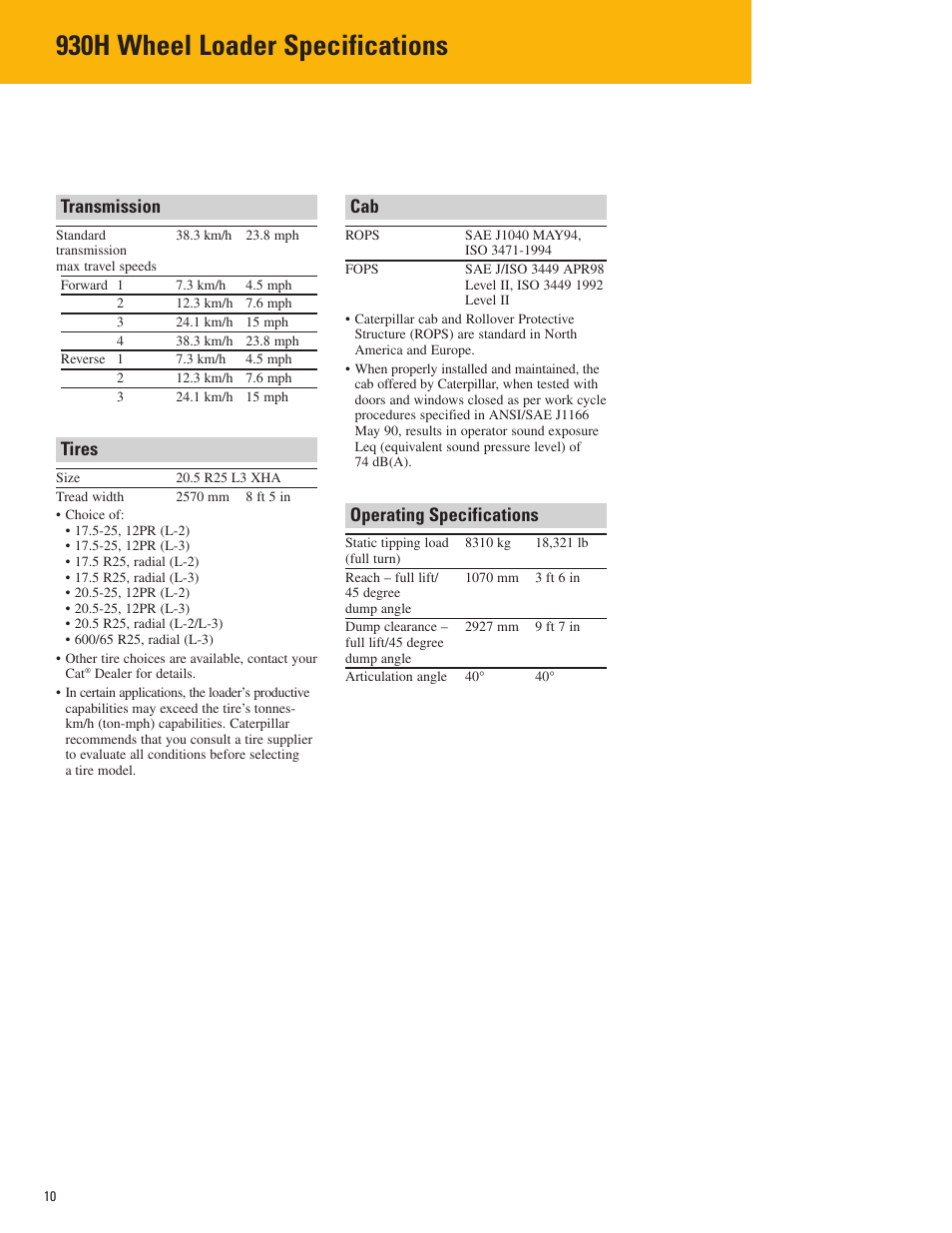 Transmission, Tires, Operating specifications | 930h wheel loader specifications | Milton CAT 930H User Manual | Page 10 / 20