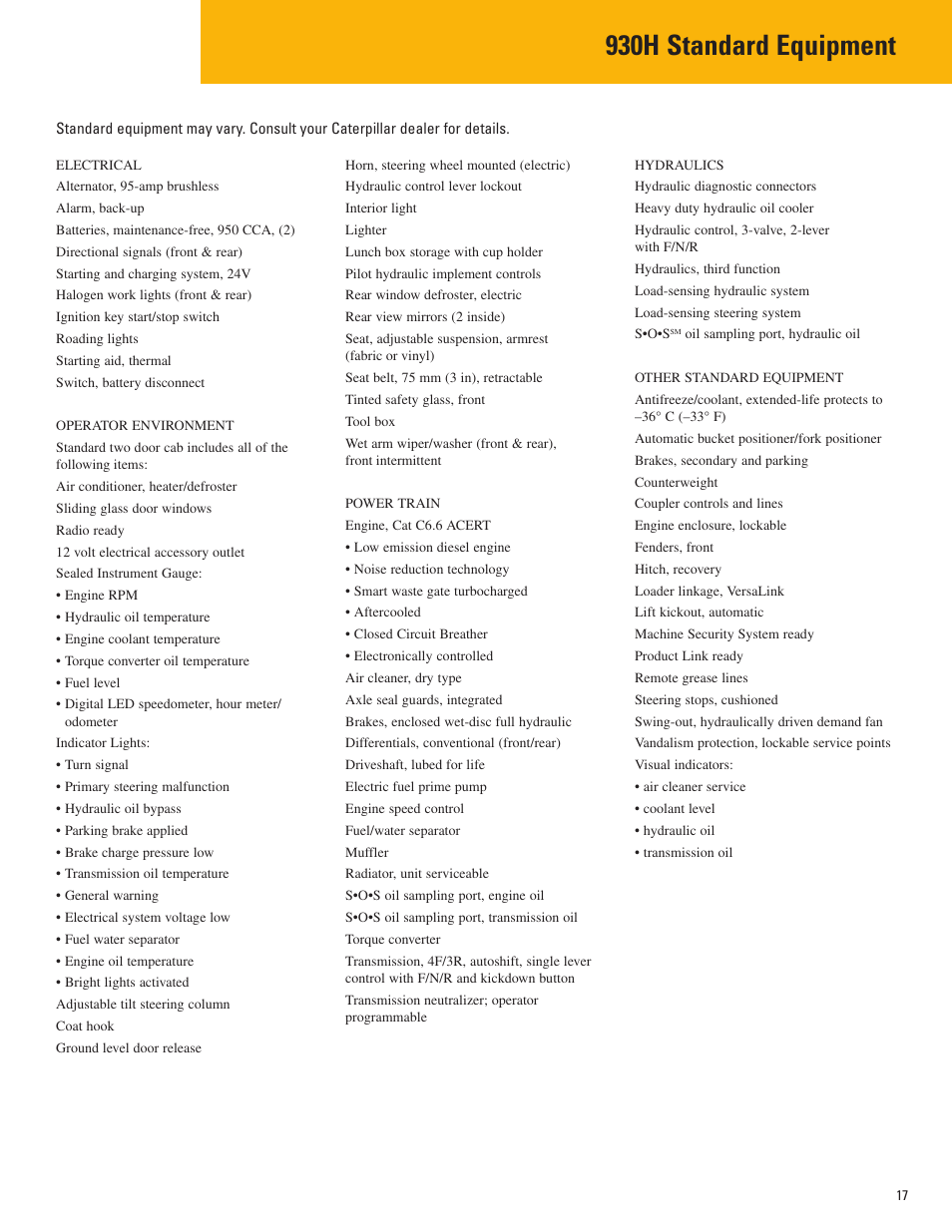 Standard equipment, 930h standard equipment | Milton CAT 930H User Manual | Page 17 / 20
