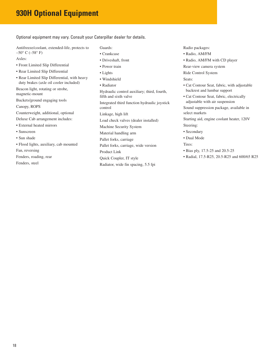 Optional equipment, 930h optional equipment | Milton CAT 930H User Manual | Page 18 / 20