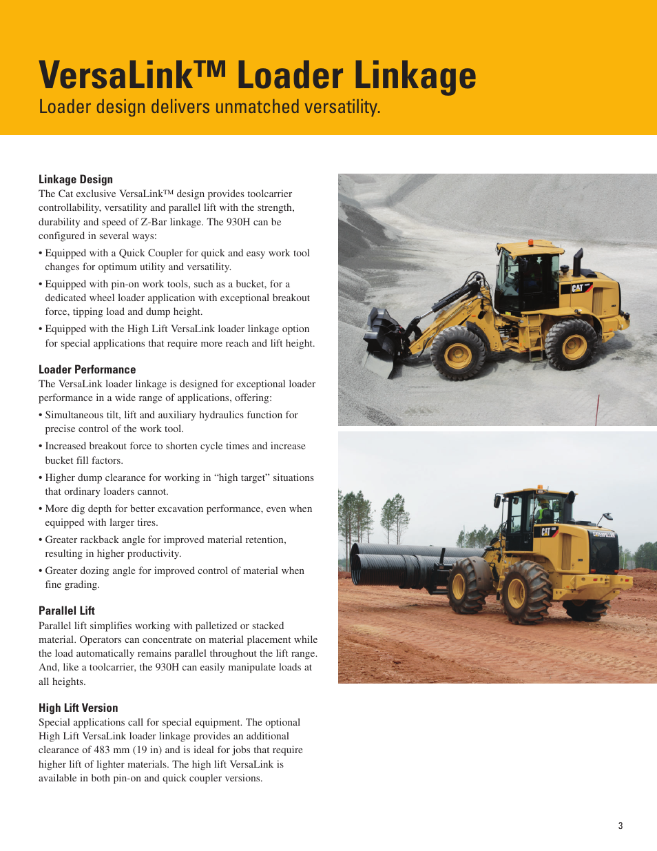 Versalink™ loader linkage, Loader design delivers unmatched versatility | Milton CAT 930H User Manual | Page 3 / 20