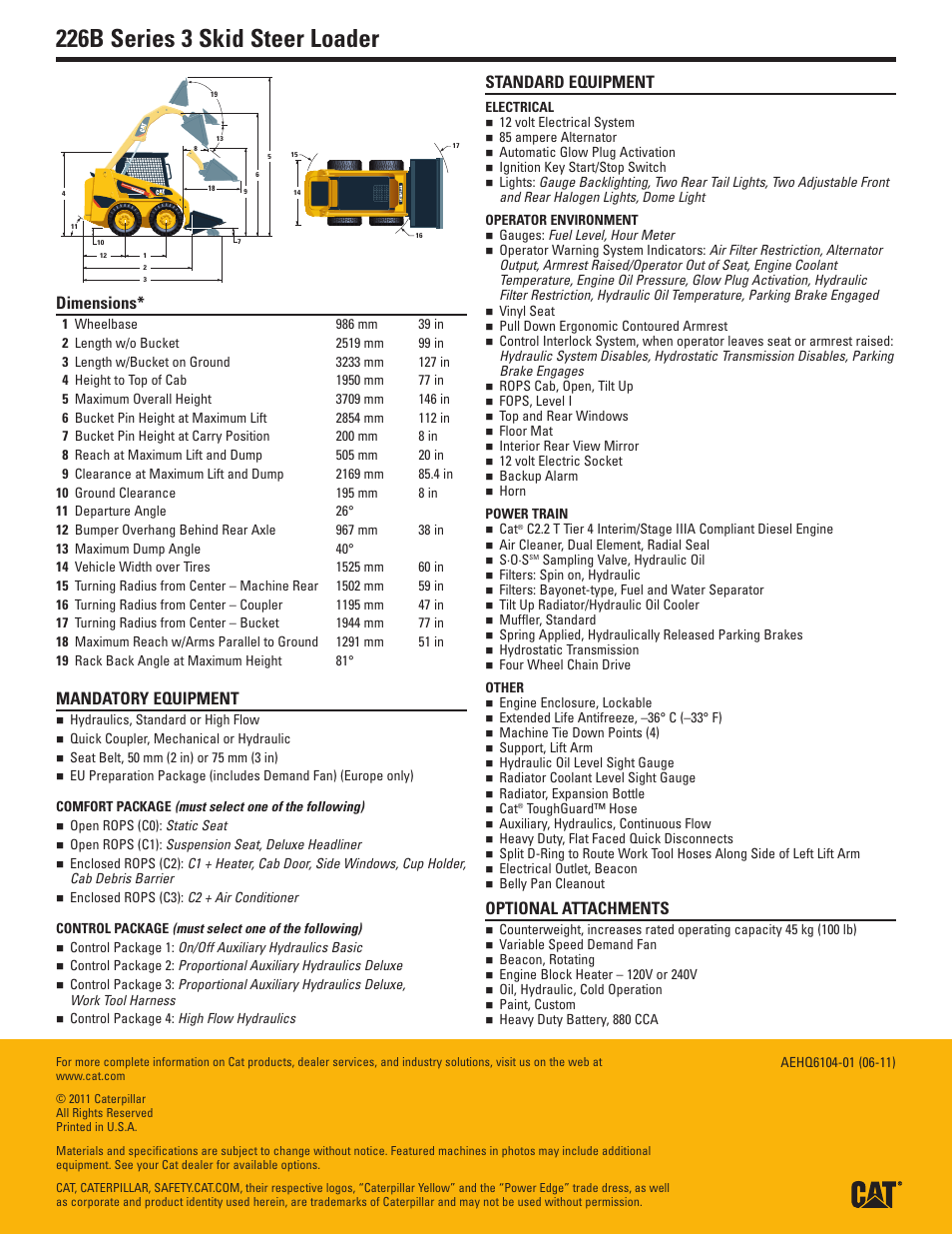 Dimensions, Mandatory equipment, Comfort package | Control package, Standard equipment, Electrical, Operator environment, Power train, Other, Optional attachments | Milton CAT 226B Series 3 User Manual | Page 2 / 2