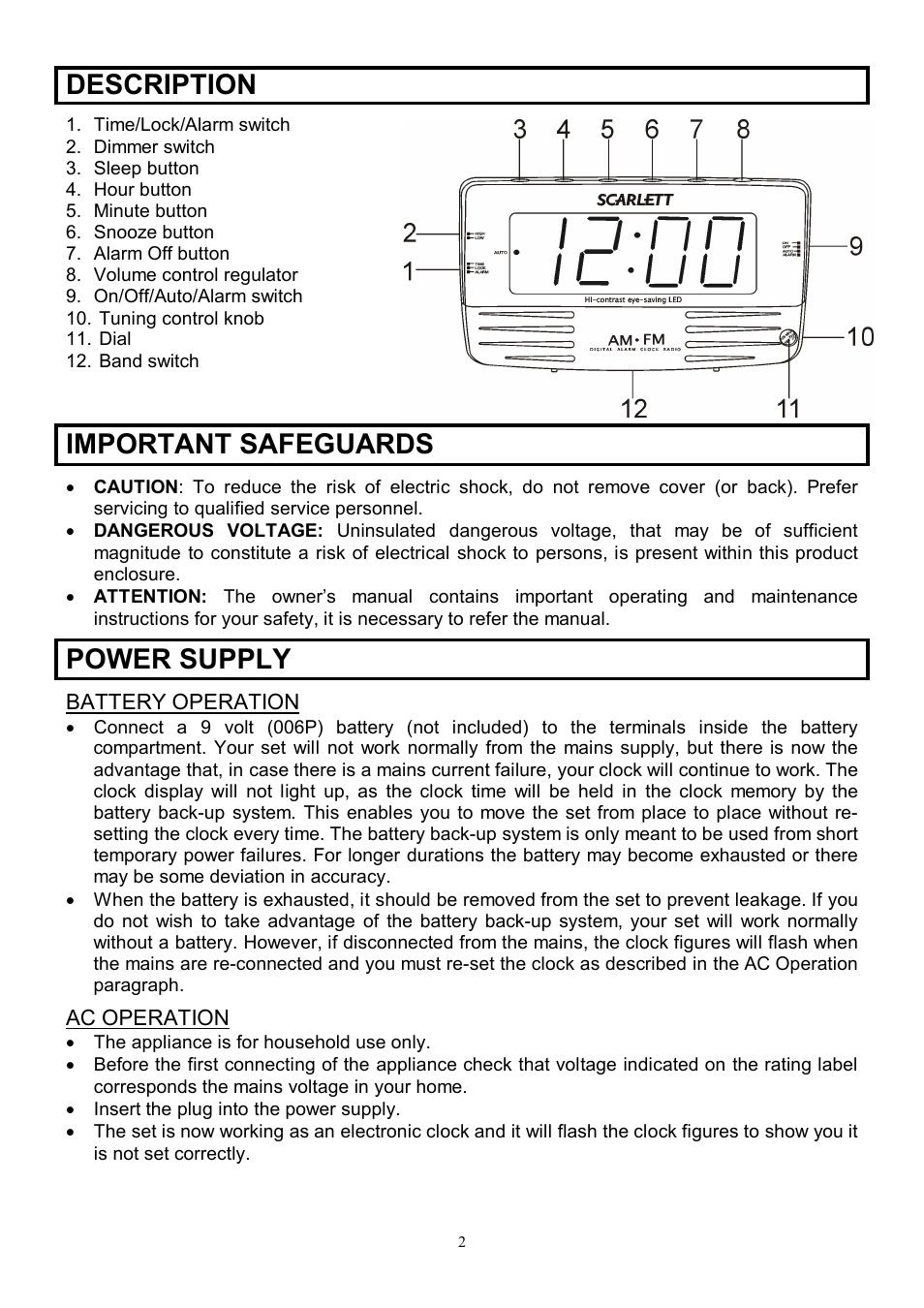 Description, Important safeguards, Power supply | Scarlett SC-4007 User Manual | Page 2 / 7