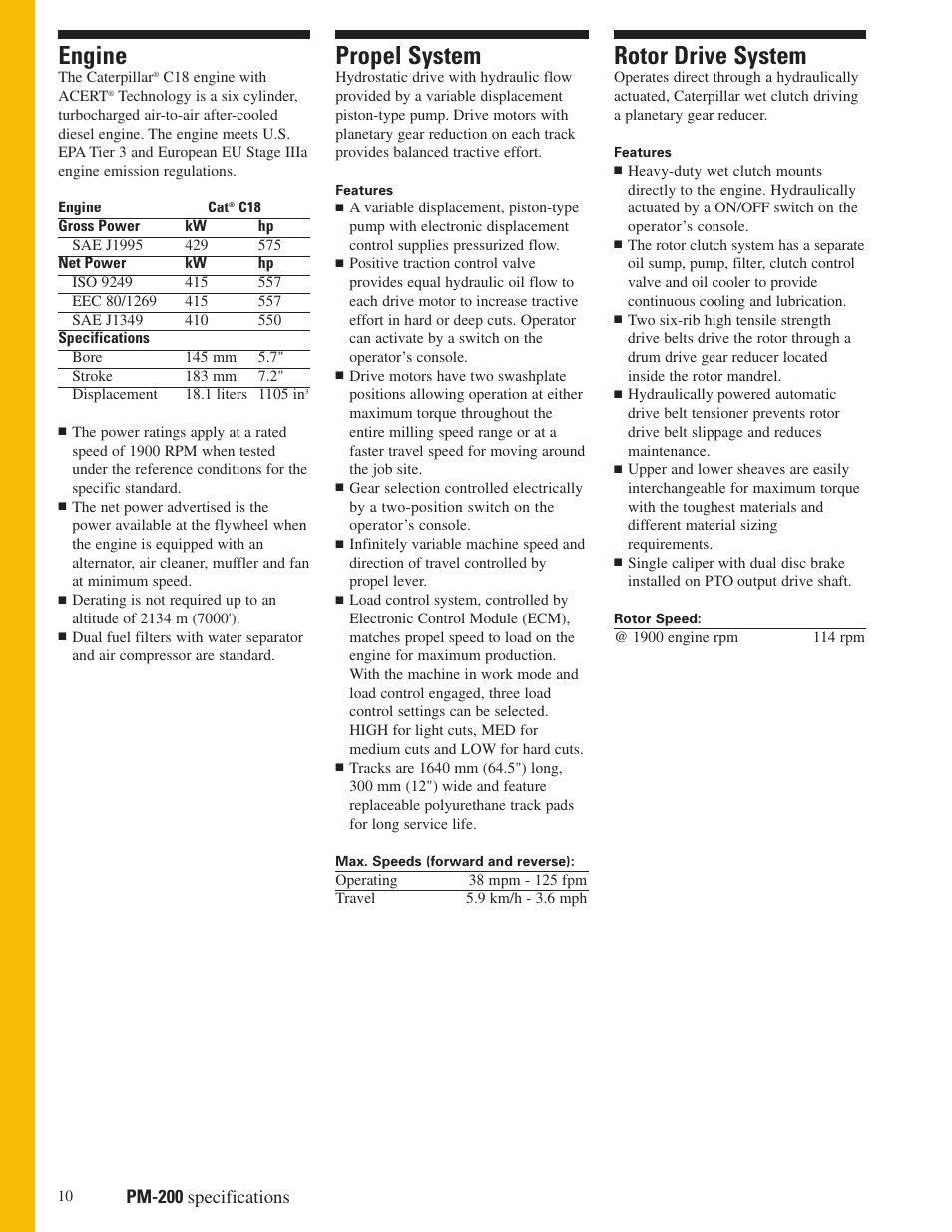 Engine, Propel system, Rotor drive system | Pm-200 specifications | Milton CAT PM 200 User Manual | Page 10 / 16