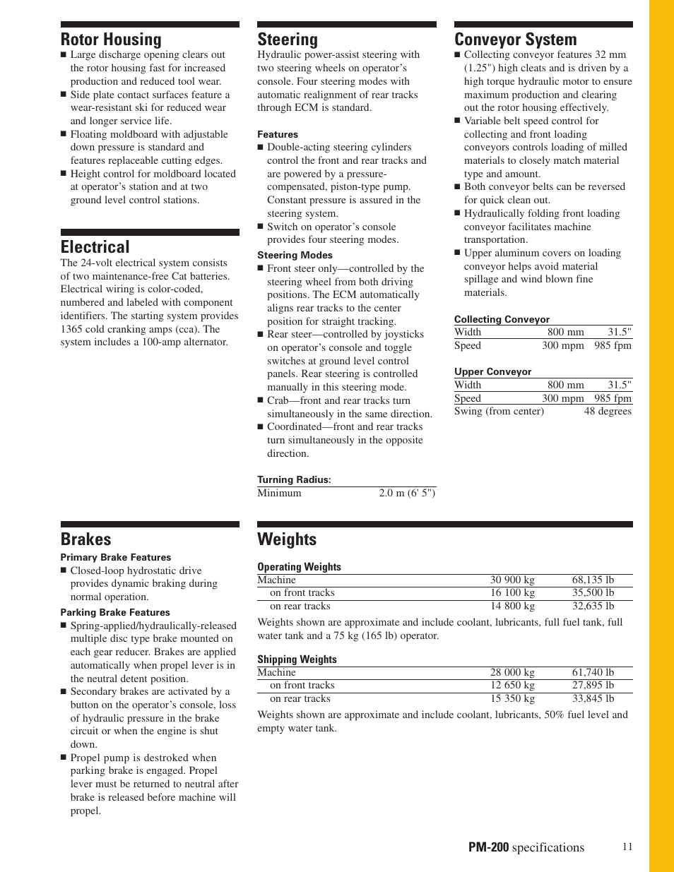 Rotor housing, Electrical, Brakes | Steering, Weights, Conveyor system, Pm-200 specifications | Milton CAT PM 200 User Manual | Page 11 / 16