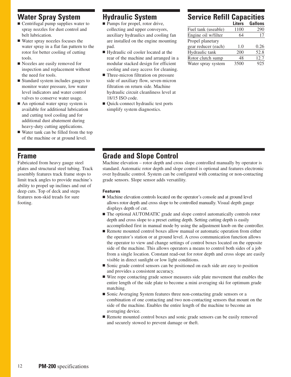 Water spray system, Frame, Hydraulic system | Grade and slope control, Service refill capacities, Pm-200 specifications | Milton CAT PM 200 User Manual | Page 12 / 16