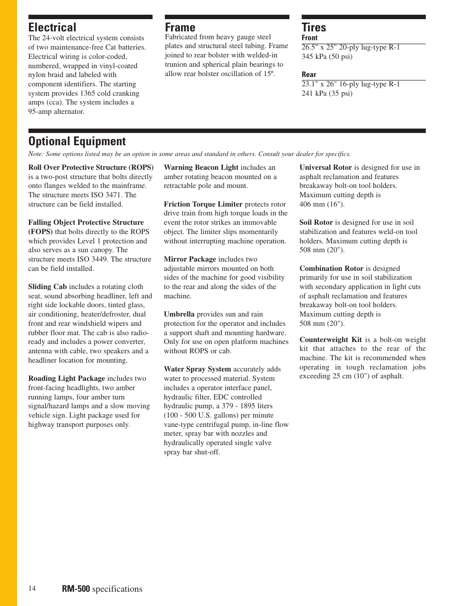 Electrical, Frame, Tires | Optional equipment | Milton CAT RM 500 User Manual | Page 14 / 16