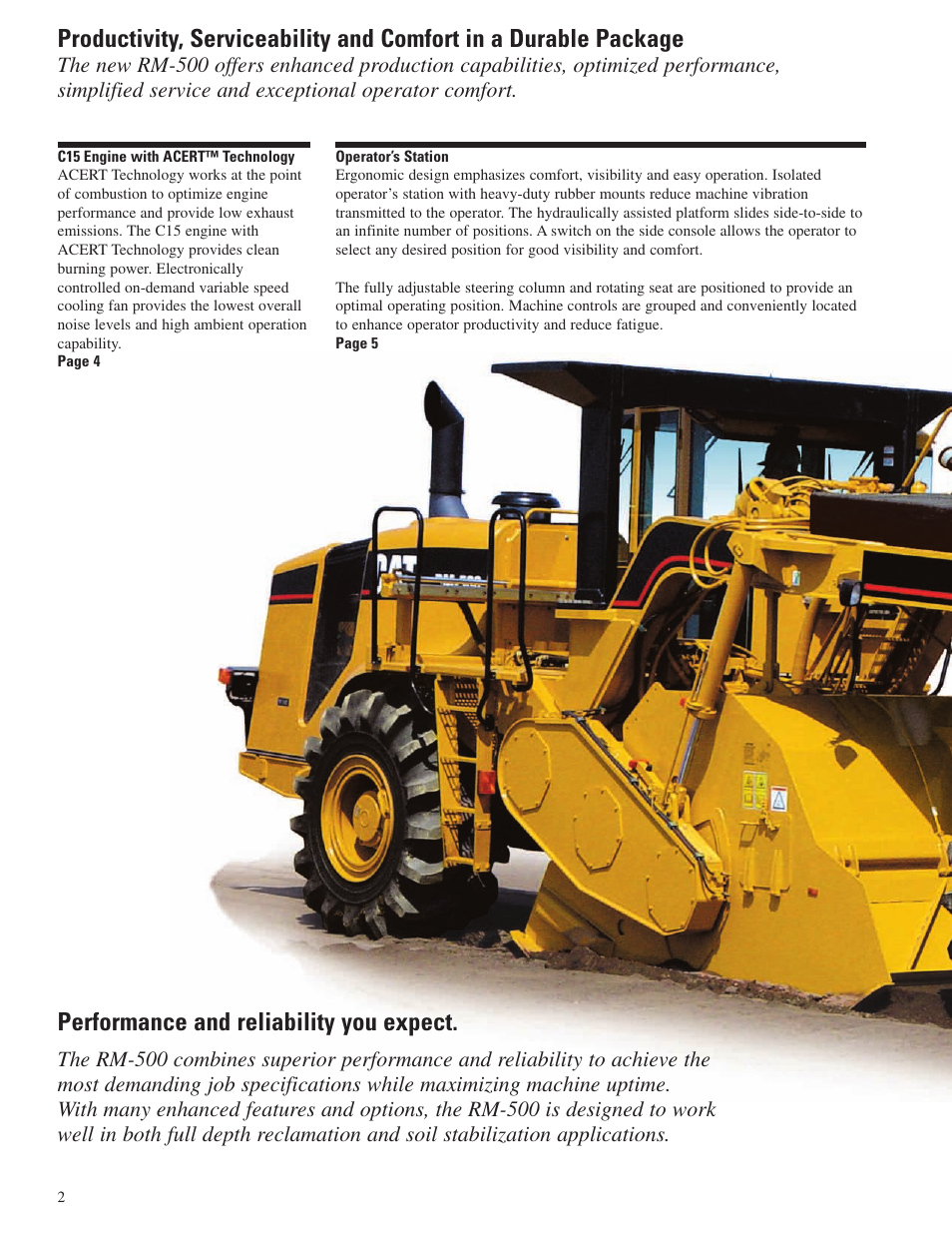 Rm-500 overview, C15 engine, Operator's station | Performance and reliability you expect | Milton CAT RM 500 User Manual | Page 2 / 16