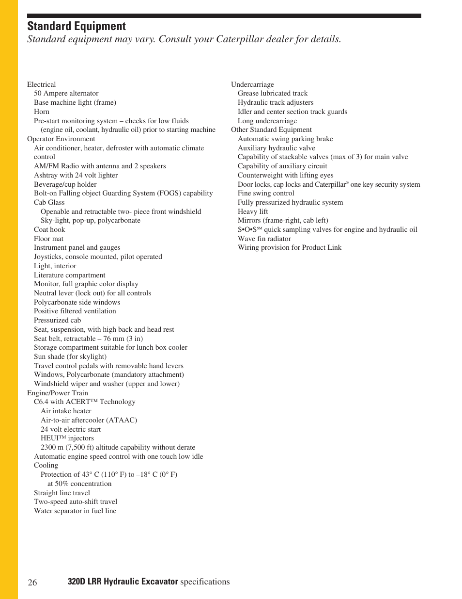 Standard equipment | Milton CAT 320D LRR User Manual | Page 26 / 28