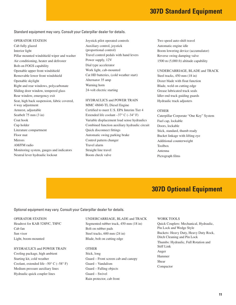307d standard equipment, 307d optional equipment | Milton CAT 307D User Manual | Page 11 / 12