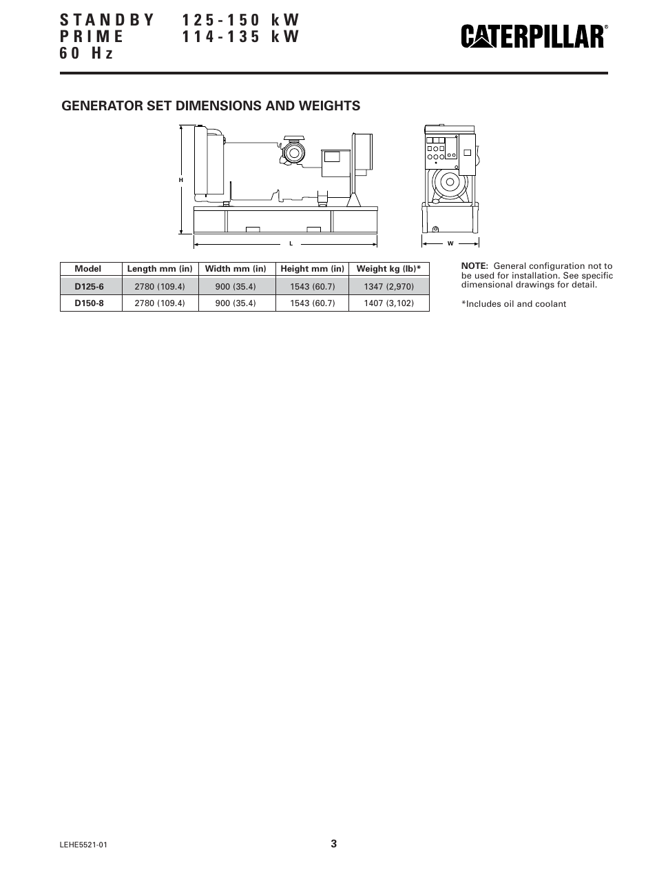 Generator set dimensions and weights | Milton CAT D125-6 125 kW Spec Sheet User Manual | Page 3 / 8