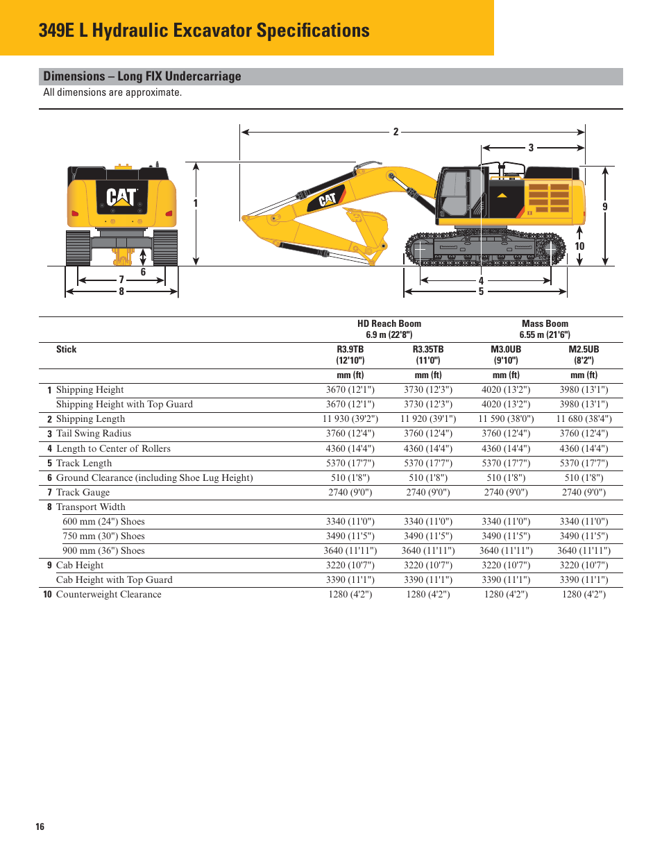 349e l hydraulic excavator specifications, Dimensions – long fix undercarriage | Milton CAT 349E L User Manual | Page 16 / 32