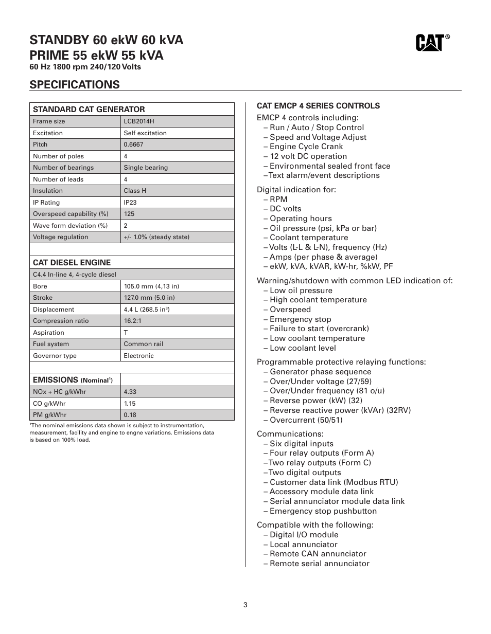 Specifications | Milton CAT D60-6S 60 kW Spec Sheet User Manual | Page 3 / 6