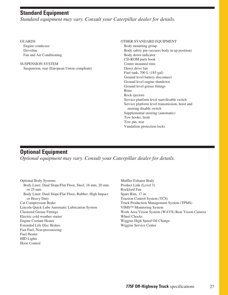 Standard equipment, Optional equipment | Milton CAT 775F User Manual | Page 27 / 28