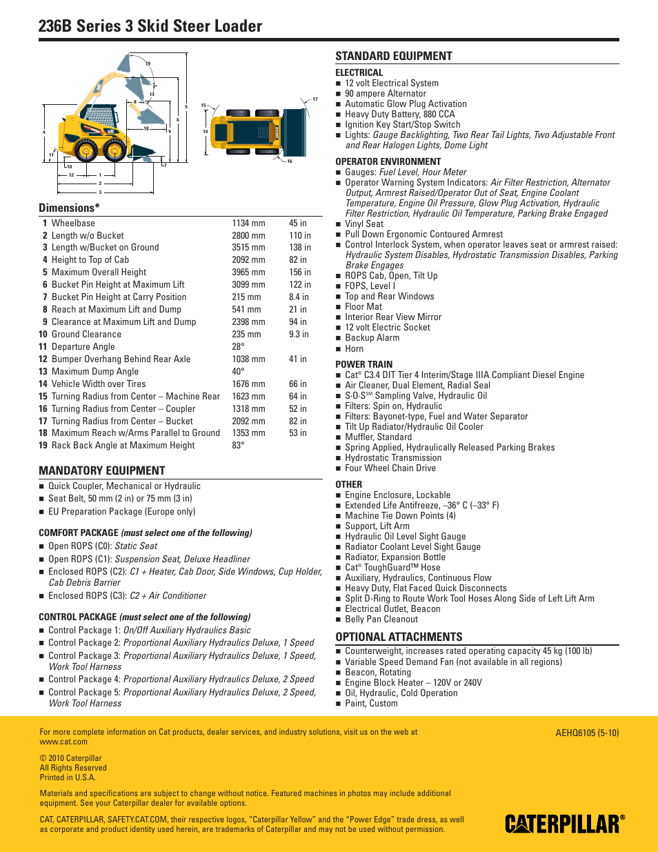 Dimensions, Mandatory equipment, Comfort package | Control package, Standard equipment, Electrical, Operator environment, Power train, Other, Other attachments | Milton CAT 236B Series 3 User Manual | Page 2 / 2