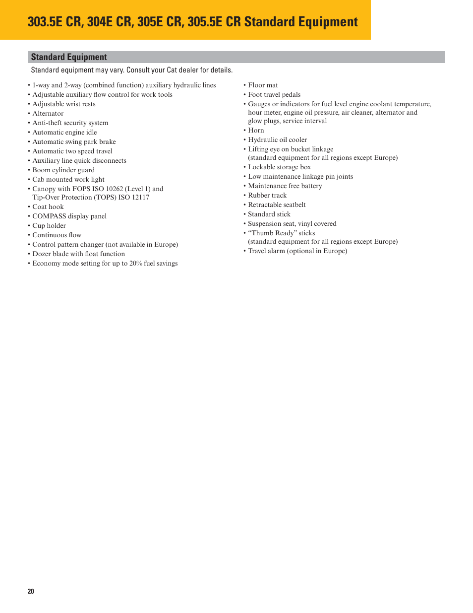 Standard equipment, Optional equipment | Milton CAT 305.5E CR User Manual | Page 20 / 24