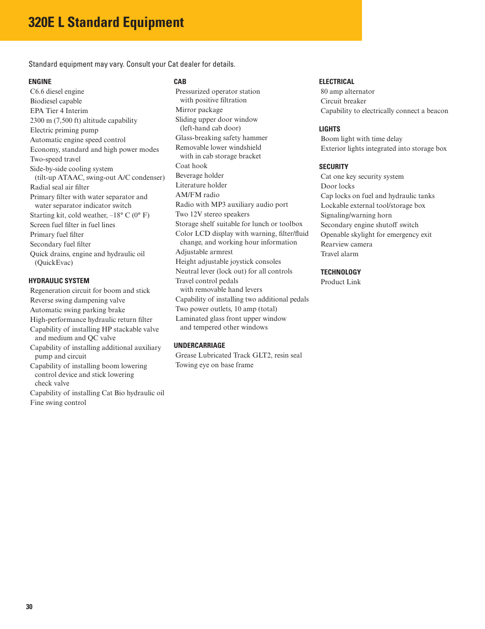 Standard equipment, 320e l standard equipment | Milton CAT 320E L User Manual | Page 30 / 32
