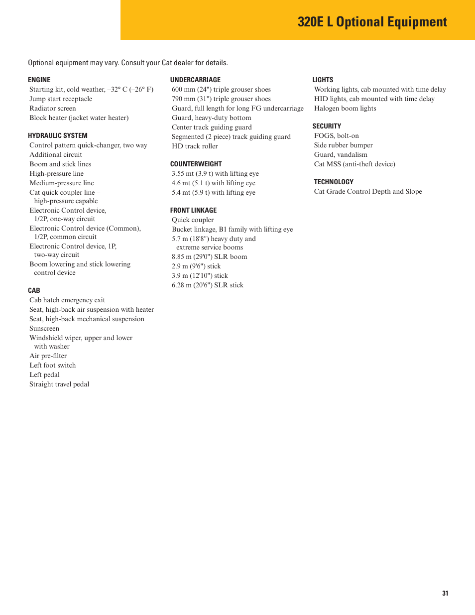Optional equipment, 320e l optional equipment | Milton CAT 320E L User Manual | Page 31 / 32