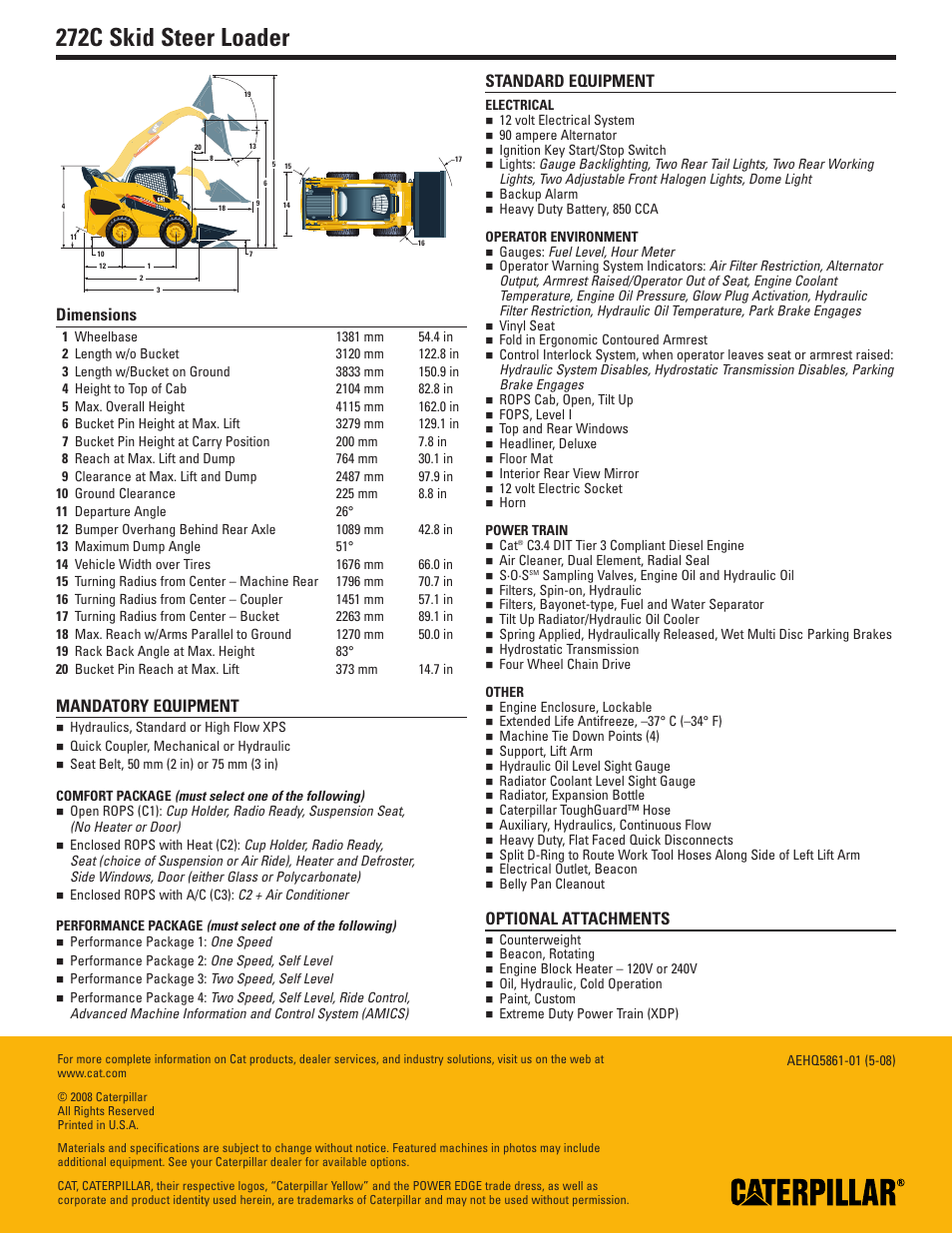 Dimensions, Mandatory equipment, Standard equipment | Optional attachments, 272c skid steer loader | Milton CAT 272C User Manual | Page 2 / 2