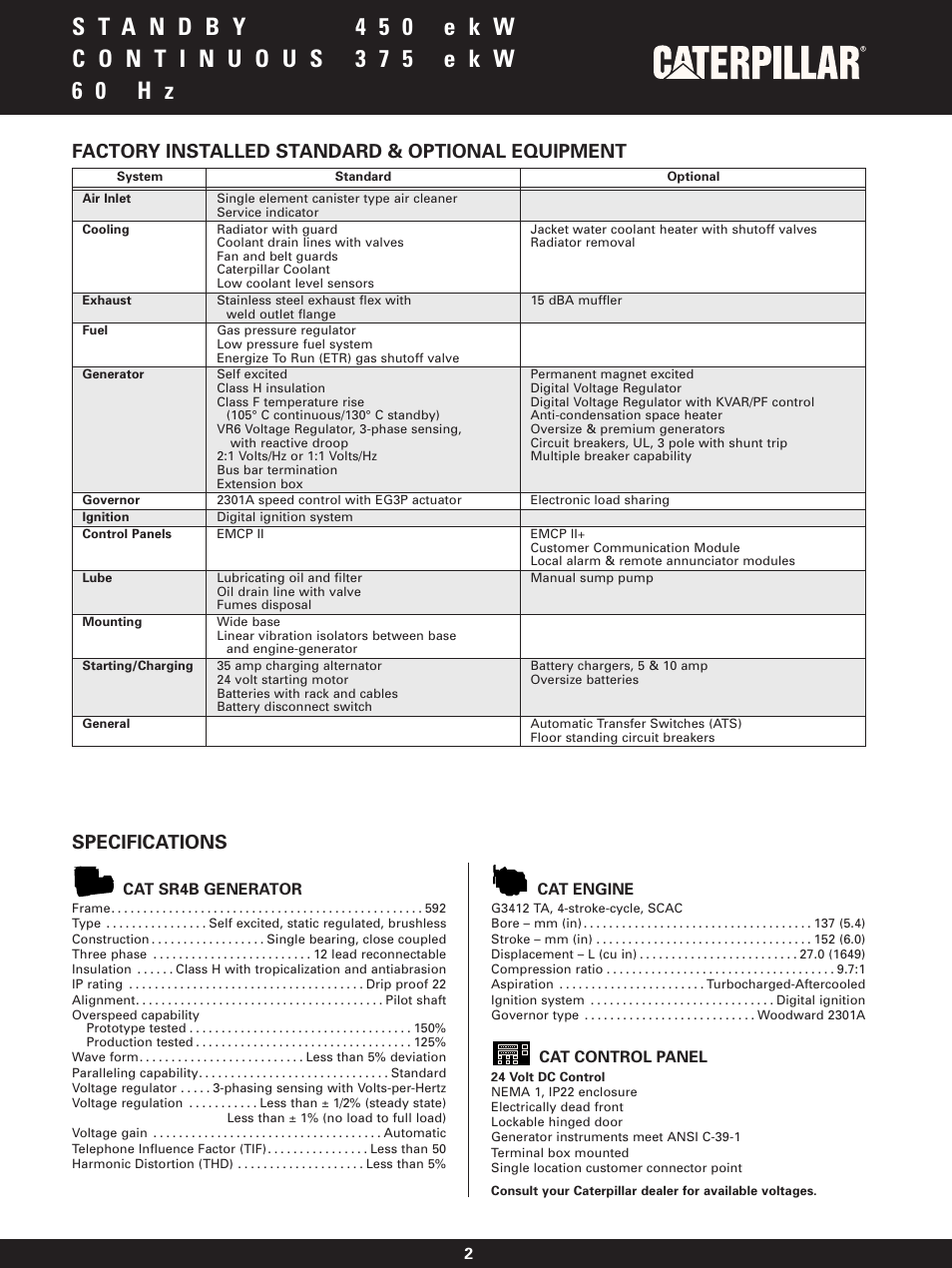 Specifications, Factory installed standard & optional equipment | Milton CAT G3412 450 kW Continuous 375 kW 60 Hz Spec Sheet User Manual | Page 2 / 4