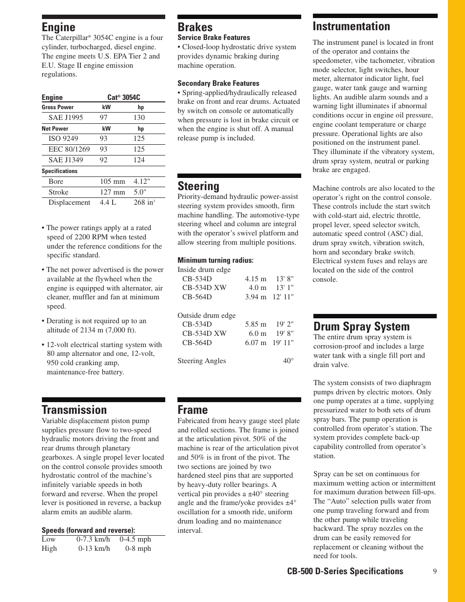 Cb-500 d-series specifications, Engine, Transmission | Steering, Brakes, Frame, Drum spray system, Instrumentation | Milton CAT CB-564D User Manual | Page 9 / 12