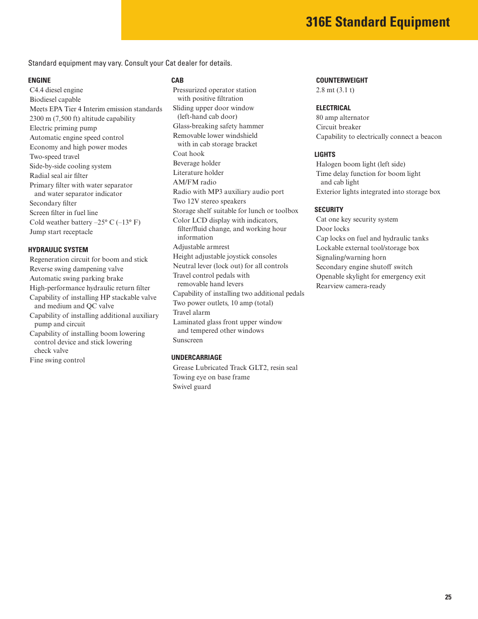 316e standard equipment | Milton CAT 316E User Manual | Page 25 / 28