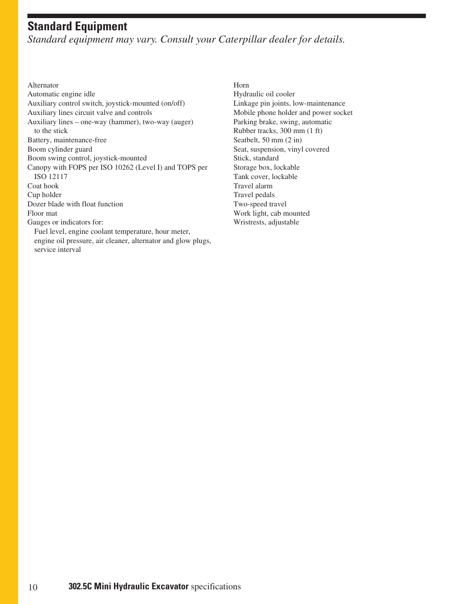 Standard equipment | Milton CAT 302.5C User Manual | Page 10 / 12