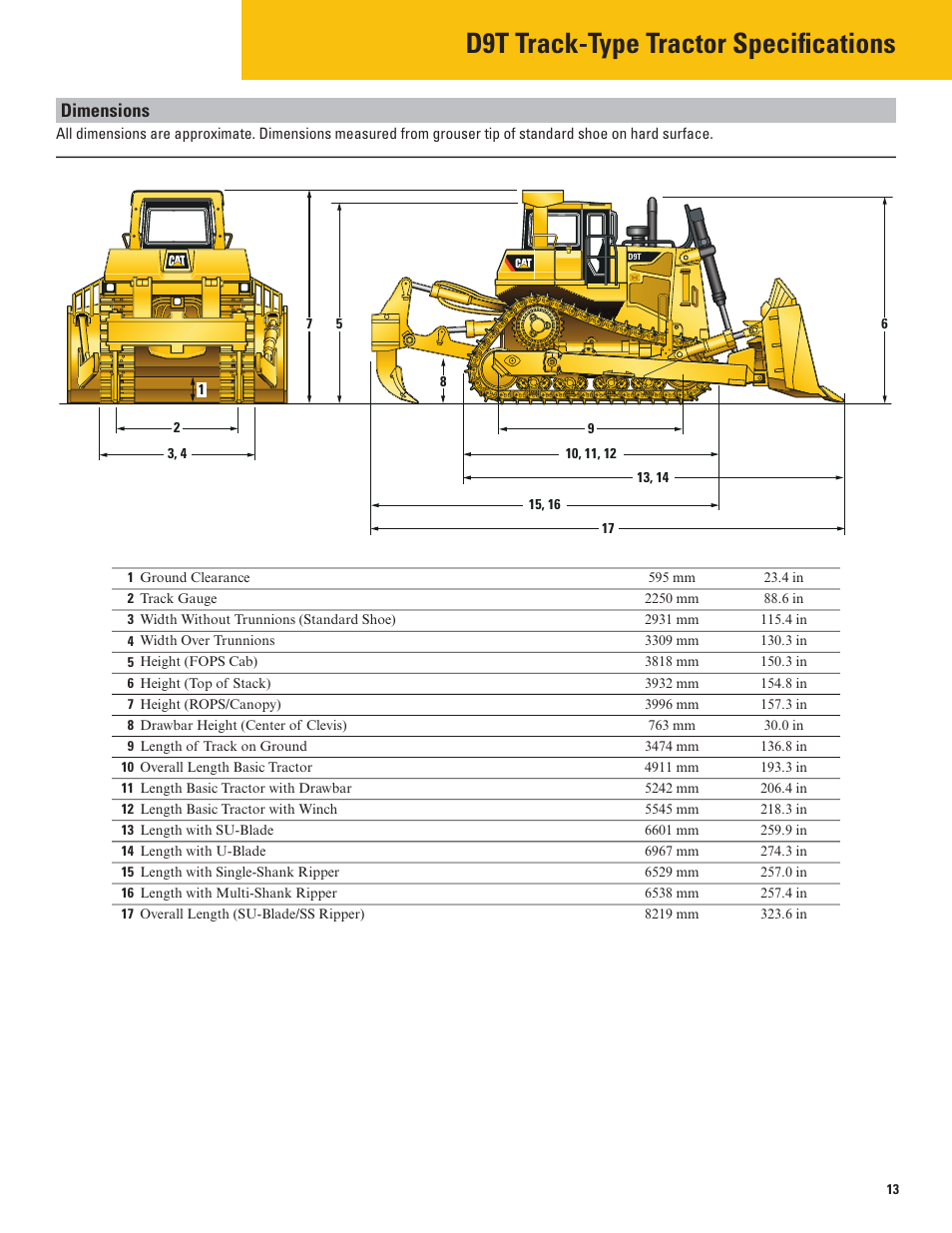 D9t track-type tractor specifications, Dimensions | Milton CAT D9T User Manual | Page 13 / 20