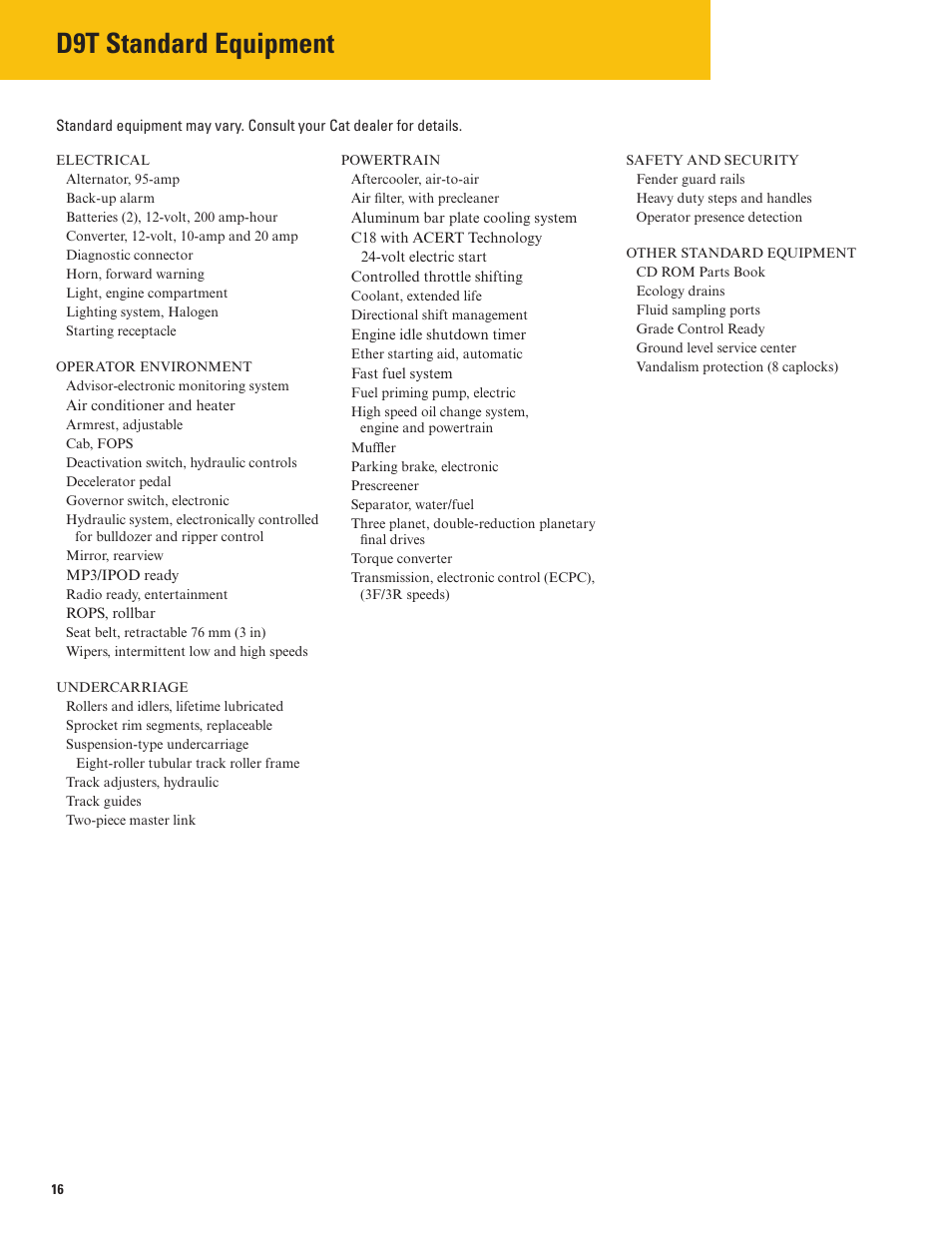 D9t standard equipment | Milton CAT D9T User Manual | Page 16 / 20
