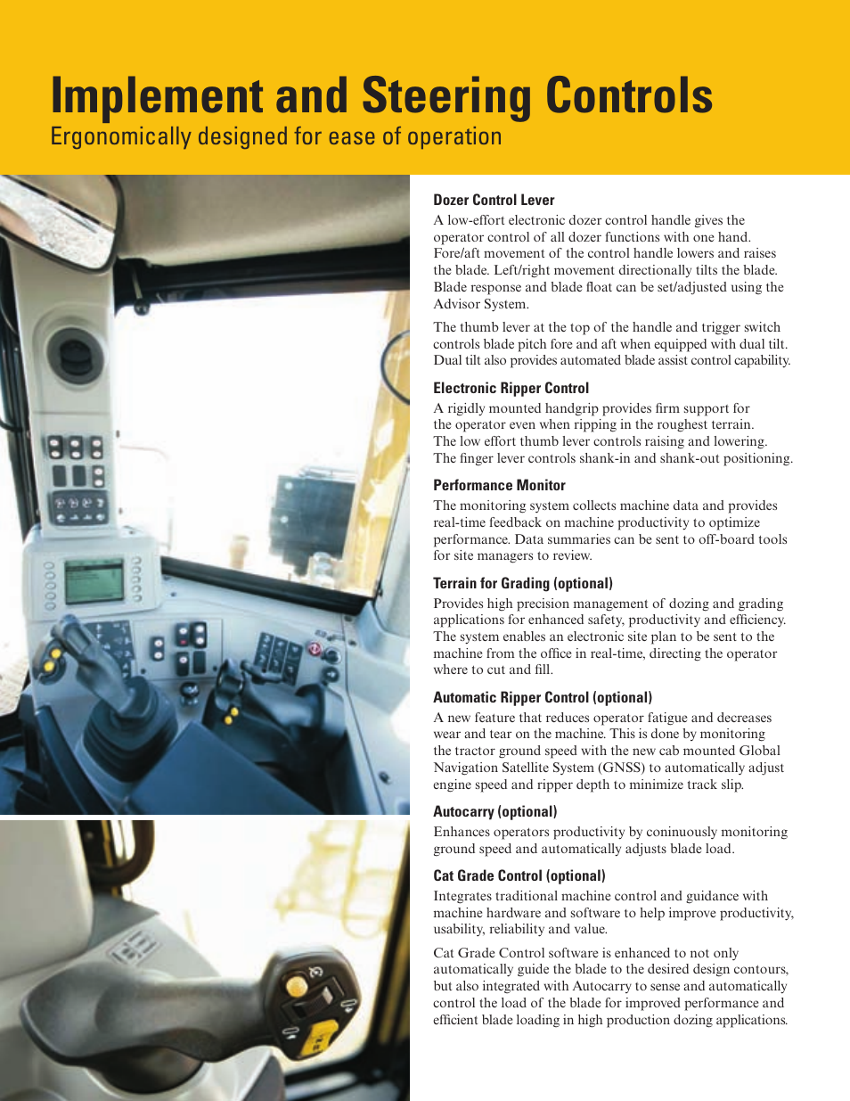 Implement and steering controls, Ergonomically designed for ease of operation | Milton CAT D9T User Manual | Page 6 / 20