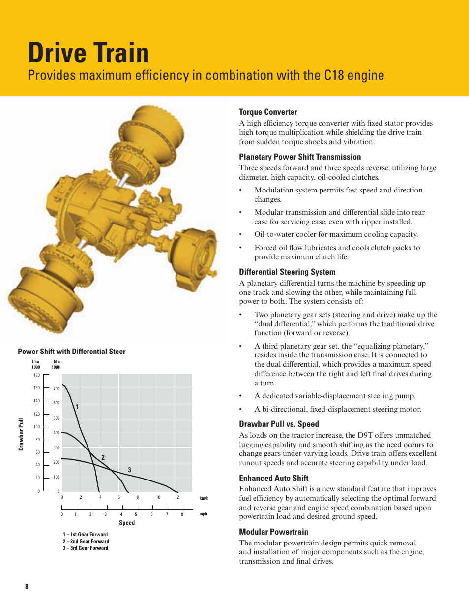 Drive train, Torque converter, Planetary power shift transmission | Differential steering system, Drawbar pull vs. speed, Enhanced auto shift, Modular powertrain | Milton CAT D9T User Manual | Page 8 / 20