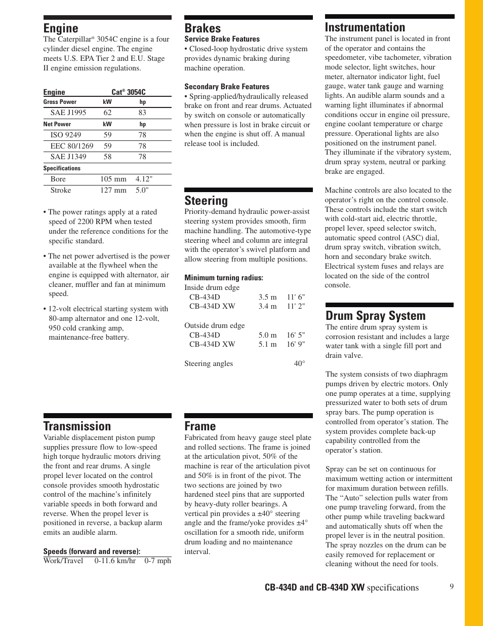 Engine, Brakes, Instrumentation | Steering, Transmission, Frame, Drum spray system | Milton CAT CB-434D XW User Manual | Page 9 / 12