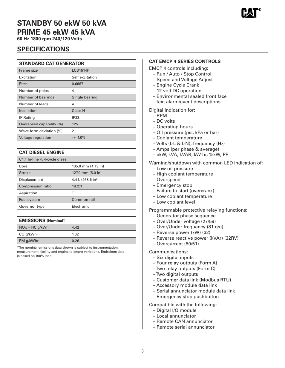 Specifications | Milton CAT D50-6S kW Spec Sheet User Manual | Page 3 / 6